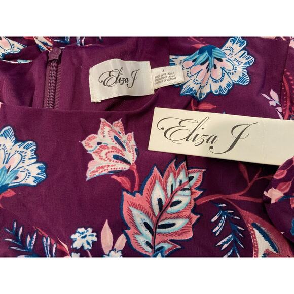 Eliza J Floral Aubergine Long Sleeve Midi Dress Size 4 in Maroon Multicolor NWT - Picture 7 of 8
